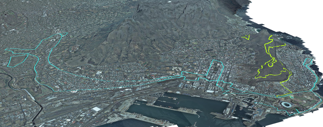 QGIS 3D image of the Cape Town Marathon and 22km trail run